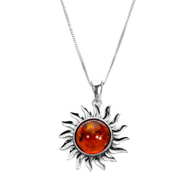 Large Sterling Silver & Baltic Amber Sun Pendant - 16 - 24 Inches