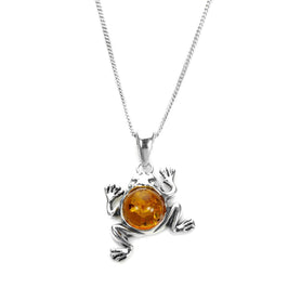 Sterling Silver & Baltic Amber Jumping Frog Pendant - 16 - 24 Inches