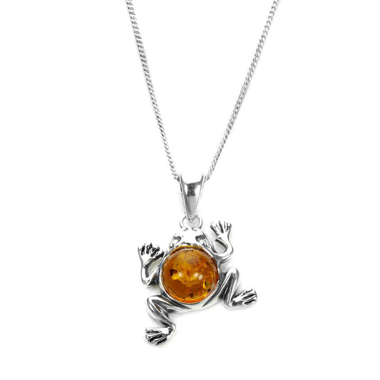 Sterling Silver & Baltic Amber Jumping Frog Pendant - 16 - 24 Inches