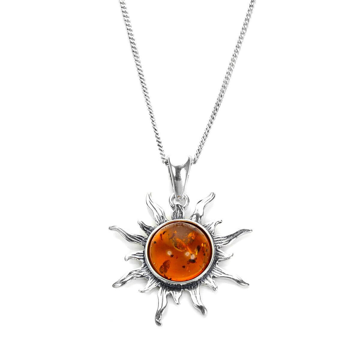 Sterling Silver & Baltic Amber Flaming Sun Pendant - 16 - 24 Inches