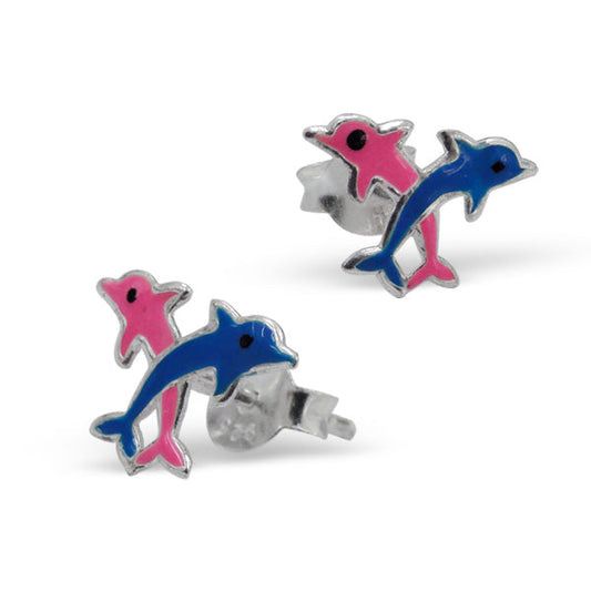 Sterling Silver Double Dolphin Stud Earrings