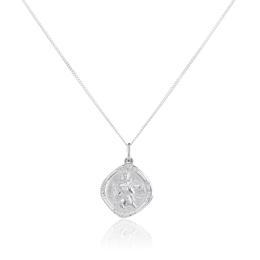 Sterling Silver Medium Reversible Square Saint Christopher Pendant - 16 - 22 Inches