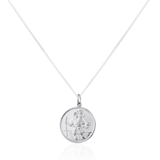 Sterling Silver Large Round Saint Christopher Pendant - 16 - 24 Inches