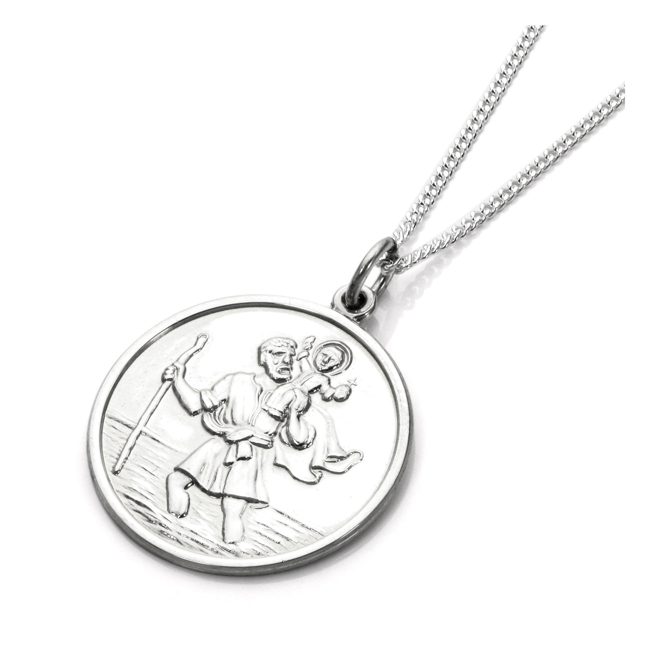 Sterling Silver Large Round Saint Christopher Pendant - 16 - 24 Inches