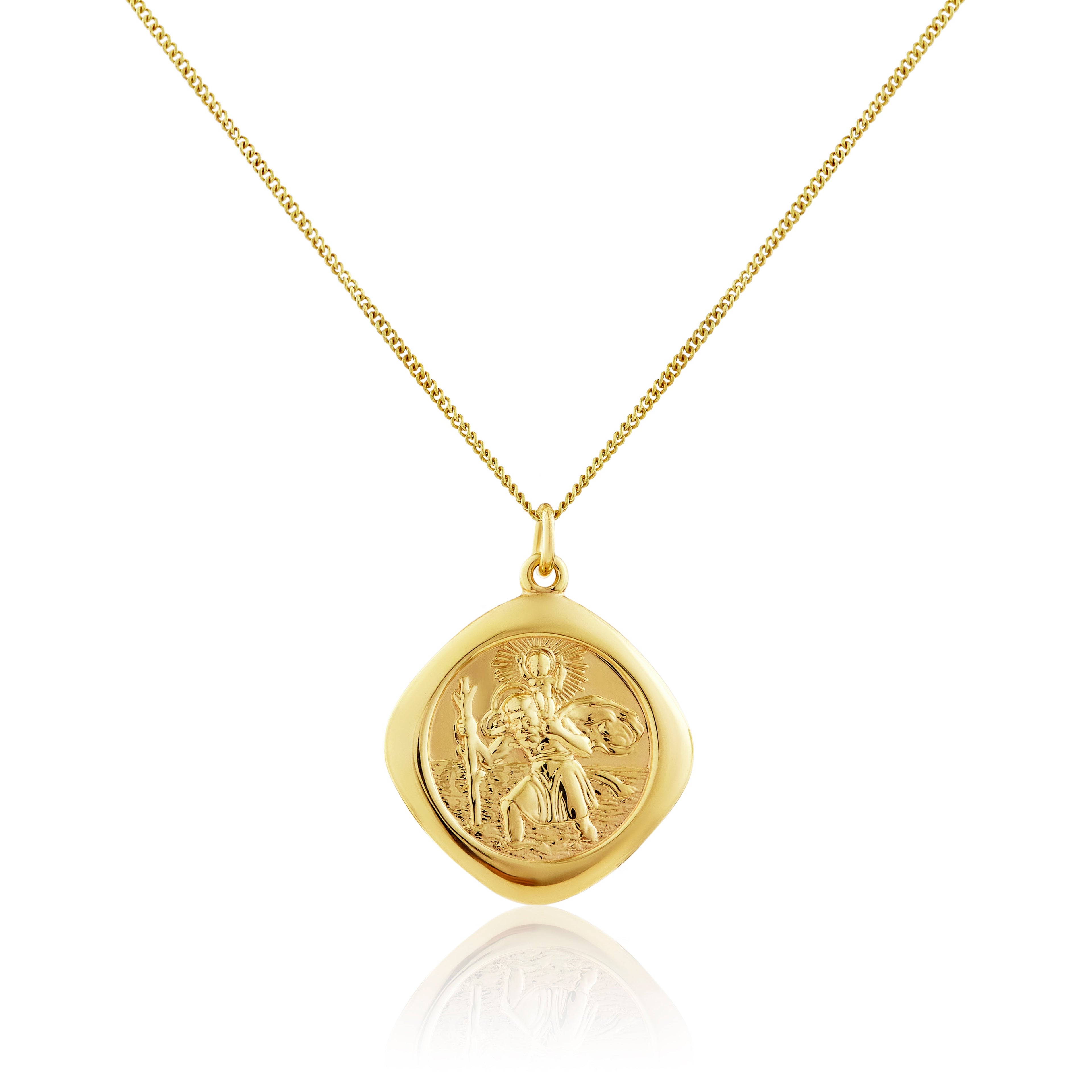 9ct Gold Large Reversible Square Saint Christopher Pendant - 18 - 20 Inches