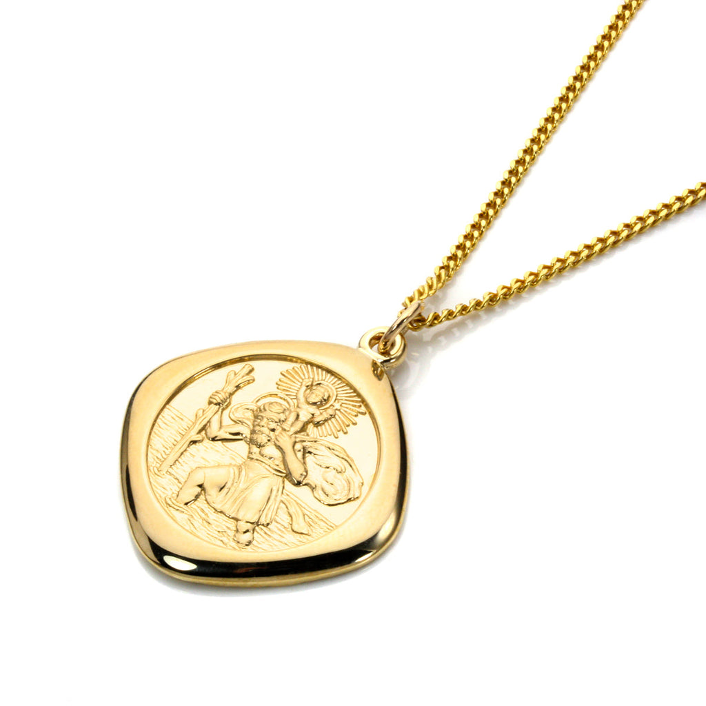 9ct Gold Large Reversible Square Saint Christopher Pendant - 18 - 20 Inches