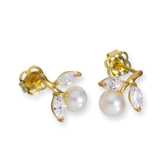 9ct Gold & Pearl Flower w Clear CZ Crystal Leaves Stud Earrings - jewellerybox