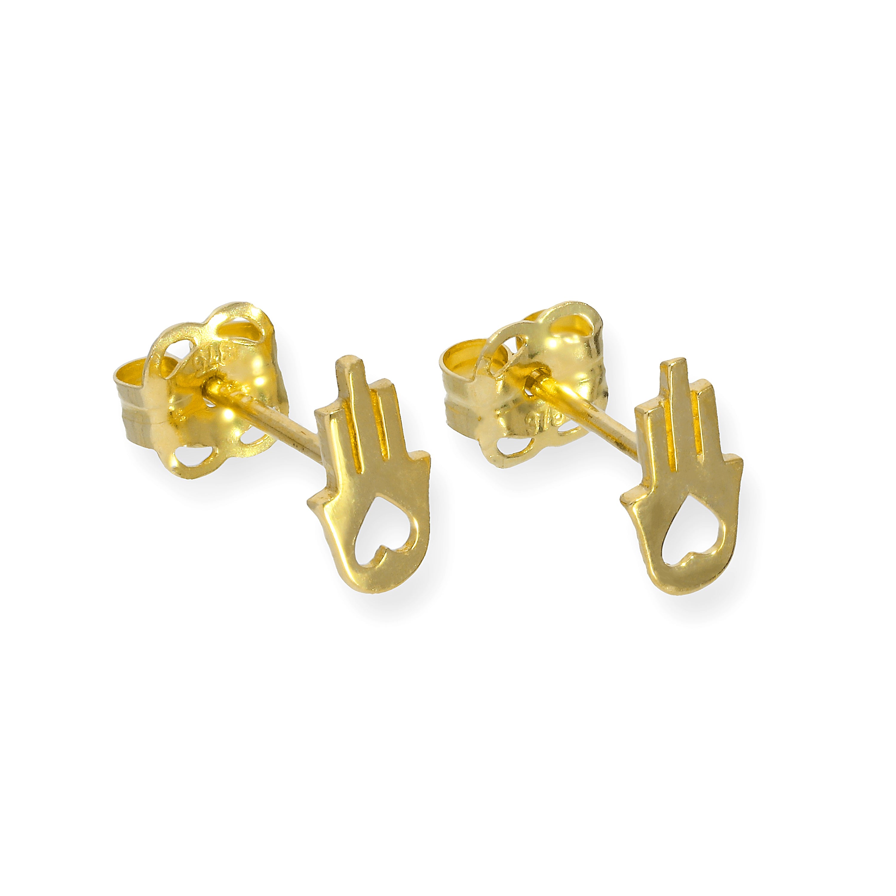 9ct Gold Hamsa Hand w Cut Out Heart Stud Earrings
