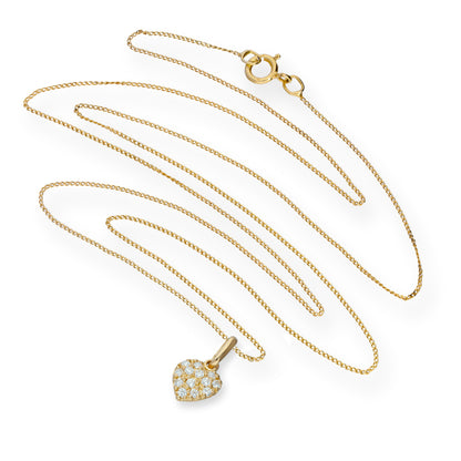 9ct Gold & Clear CZ Crystal Flat Heart Pendant Necklace 16 - 20 Inches