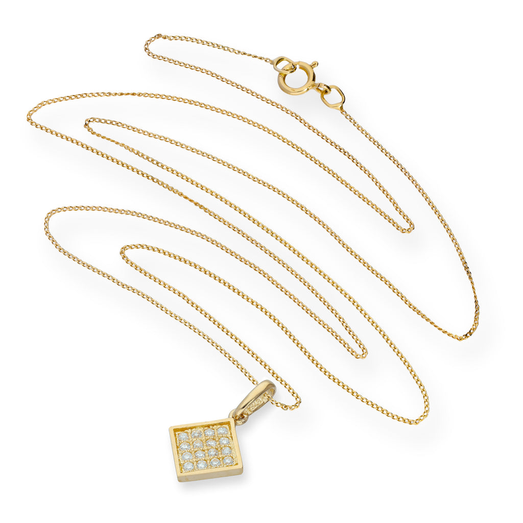 9ct Gold & Clear CZ Crystal Flat Square Pendant Necklace 16 - 20 Inches