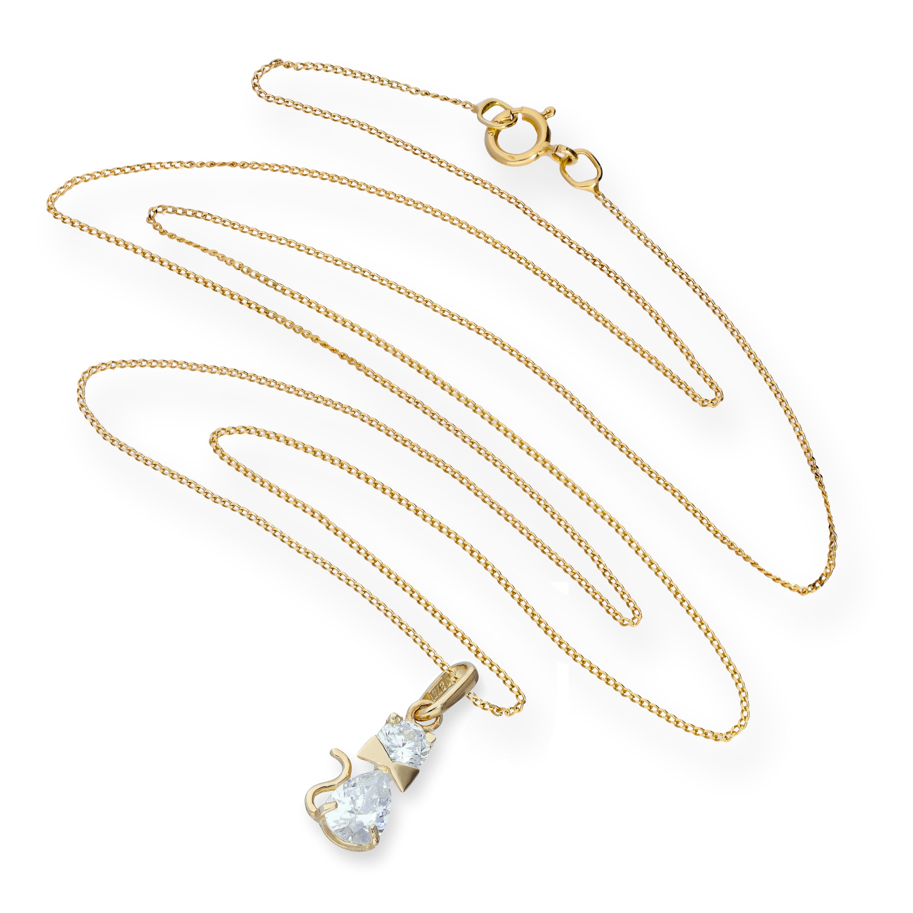9ct Gold & Clear CZ Crystal Cat w Bow Collar Pendant Necklace 16 - 20 Inches