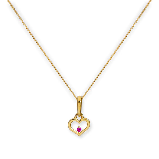 9ct Gold Heart Outline w Ruby CZ Crystal Pendant Necklace 16 - 20 Inches