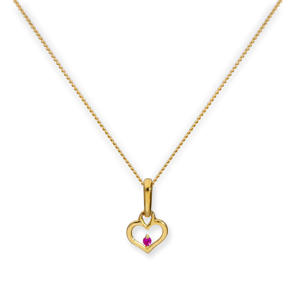 9ct Gold Heart Outline w Ruby CZ Crystal Pendant Necklace 16 - 20 Inches