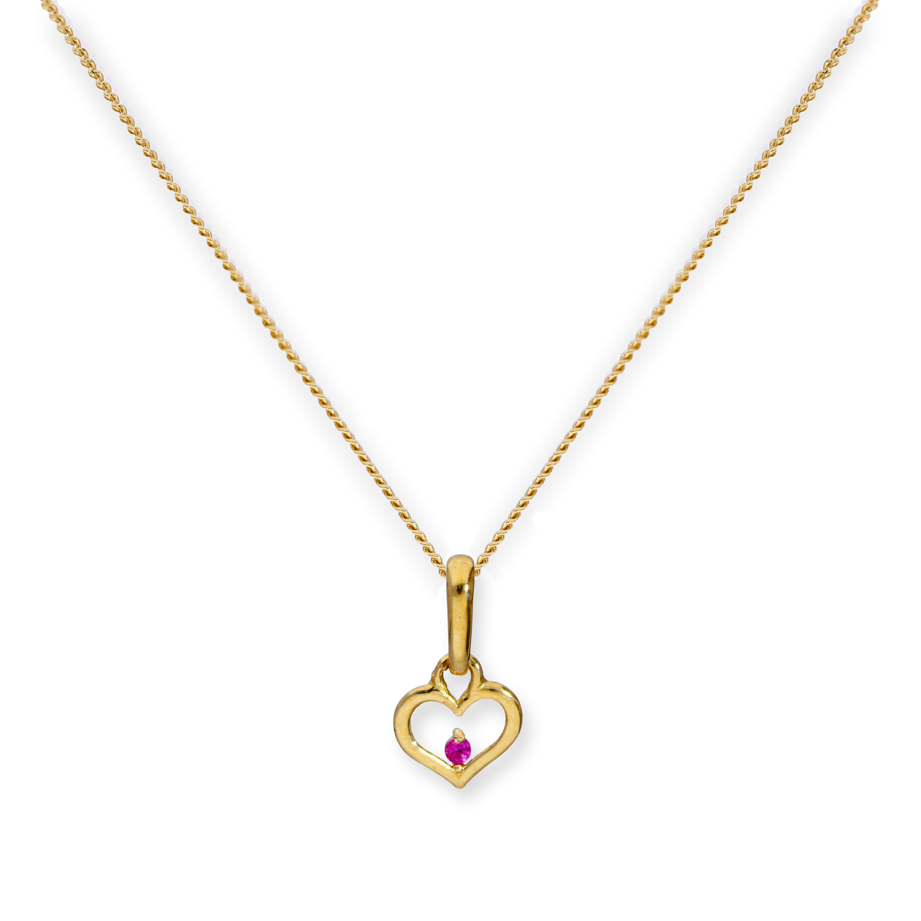 9ct Gold Heart Outline w Ruby CZ Crystal Pendant Necklace 16 - 20 Inches