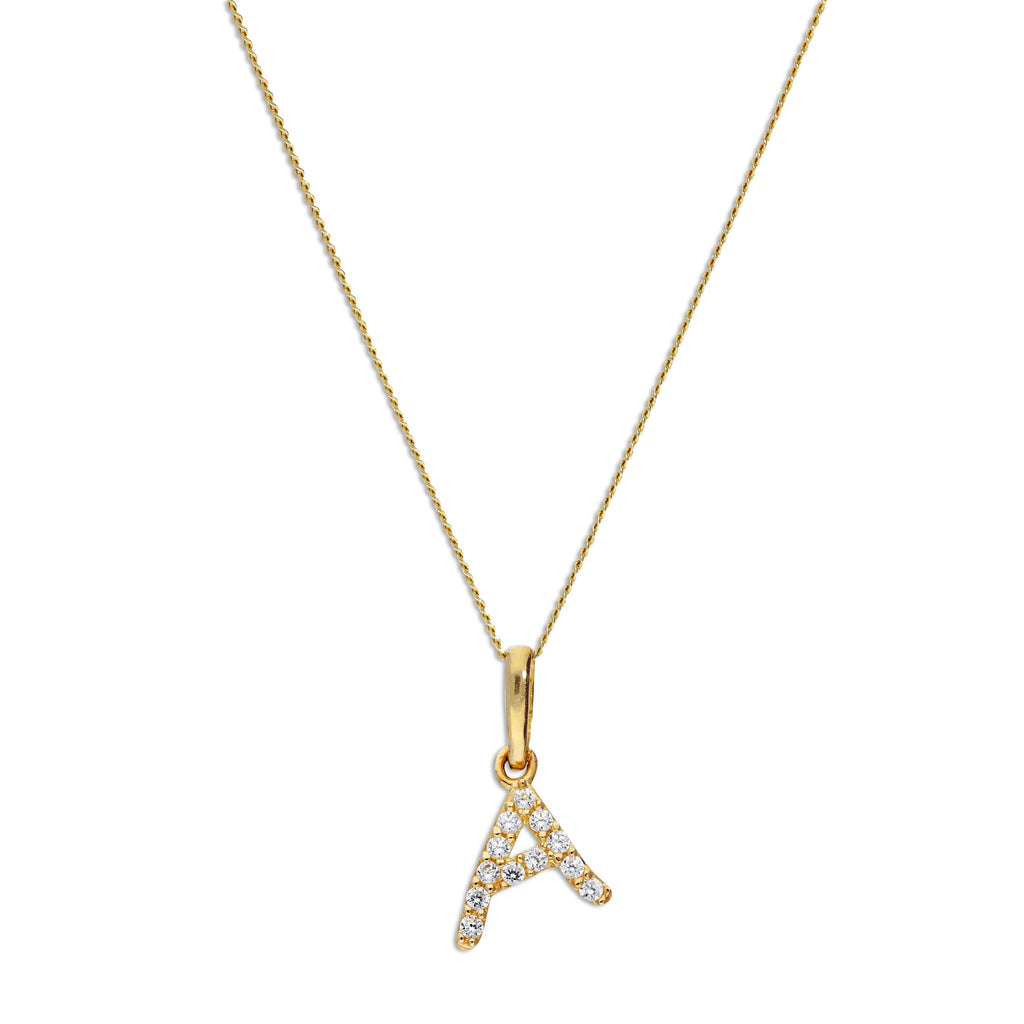 9ct Gold & Clear CZ Crystal Hanging Script Alphabet Letter A Pendant on 16 - 20 Inches Chain
