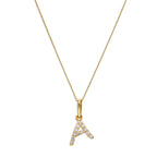 9ct Gold & Clear CZ Crystal Hanging Script Alphabet Letter A Pendant on 16 - 20 Inches Chain