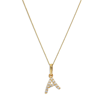 9ct Gold & Clear CZ Crystal Hanging Script Alphabet Letter A Pendant on 16 - 20 Inches Chain
