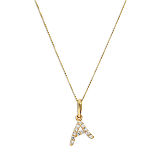 9ct Gold & Clear CZ Crystal Hanging Script Alphabet Letter A Pendant on 16 - 20 Inches Chain