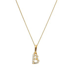9ct Gold & Clear CZ Crystal Hanging Script Alphabet Letter B Pendant on 16 - 20 Inches Chain