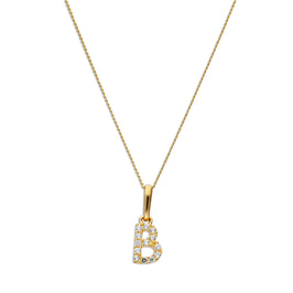 9ct Gold & Clear CZ Crystal Hanging Script Alphabet Letter B Pendant on 16 - 20 Inches Chain