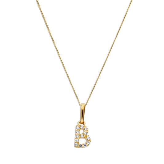 9ct Gold & Clear CZ Crystal Hanging Script Alphabet Letter B Pendant on 16 - 20 Inches Chain