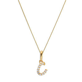 9ct Gold & Clear CZ Crystal Hanging Script Alphabet Letter C Pendant on 16 - 20 Inches Chain