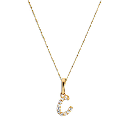 9ct Gold & Clear CZ Crystal Hanging Script Alphabet Letter C Pendant on 16 - 20 Inches Chain