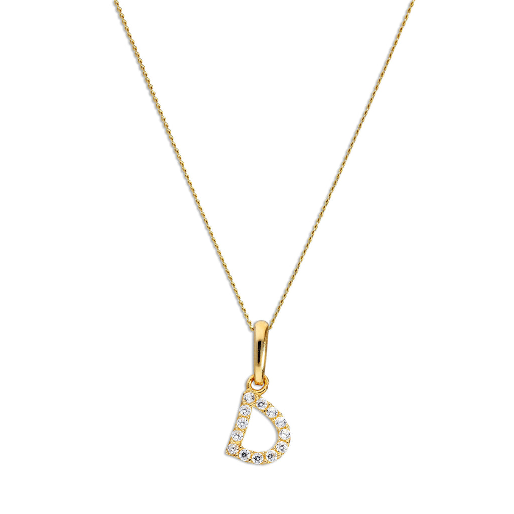 9ct Gold & Clear CZ Crystal Hanging Script Alphabet Letter D Pendant on 16 - 20 Inches Chain