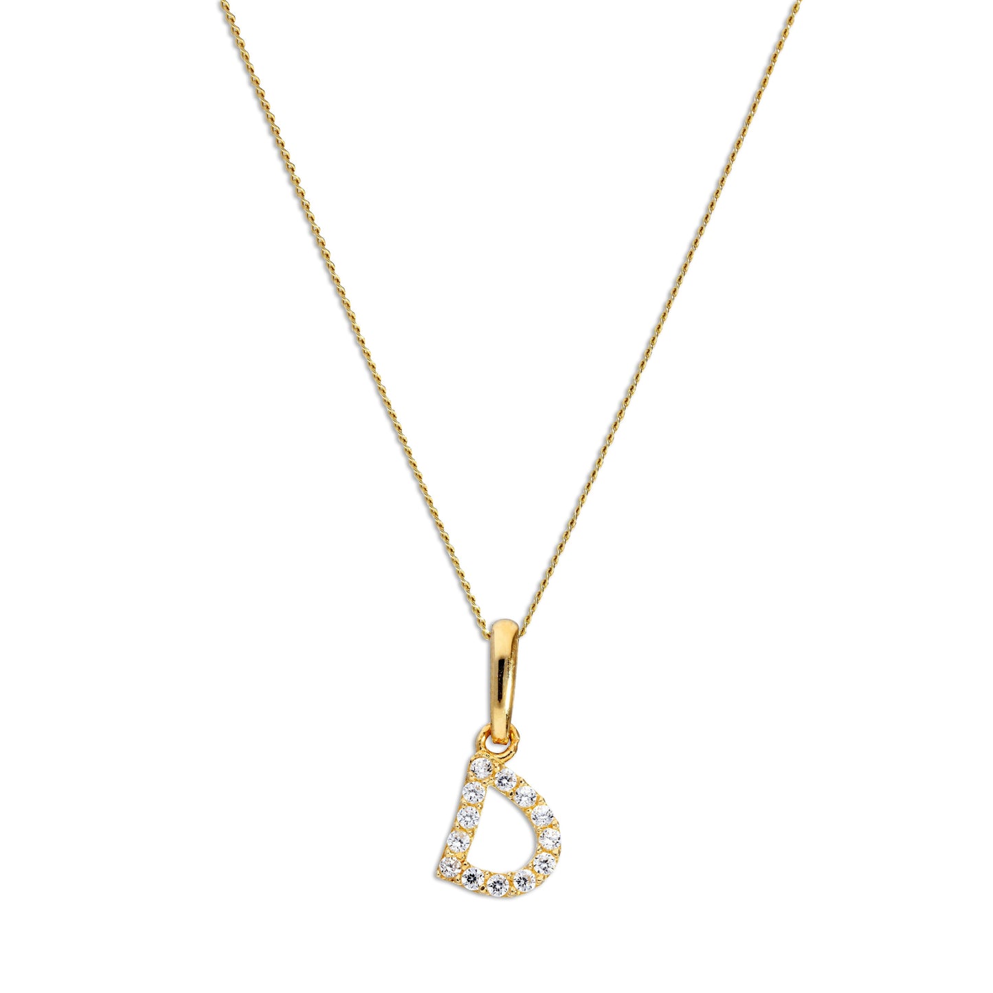 9ct Gold & Clear CZ Crystal Hanging Script Alphabet Letter D Pendant on 16 - 20 Inches Chain
