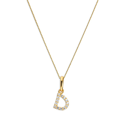 9ct Gold & Clear CZ Crystal Hanging Script Alphabet Letter D Pendant on 16 - 20 Inches Chain