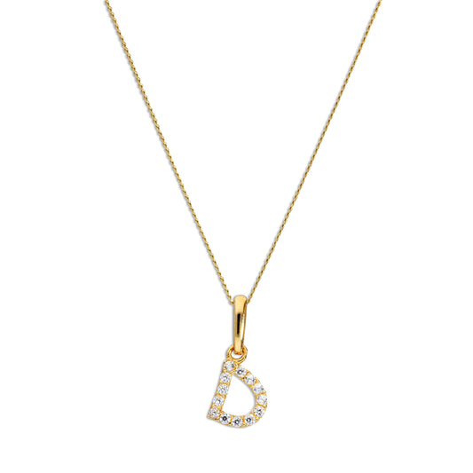 9ct Gold & Clear CZ Crystal Hanging Script Alphabet Letter D Pendant on 16 - 20 Inches Chain