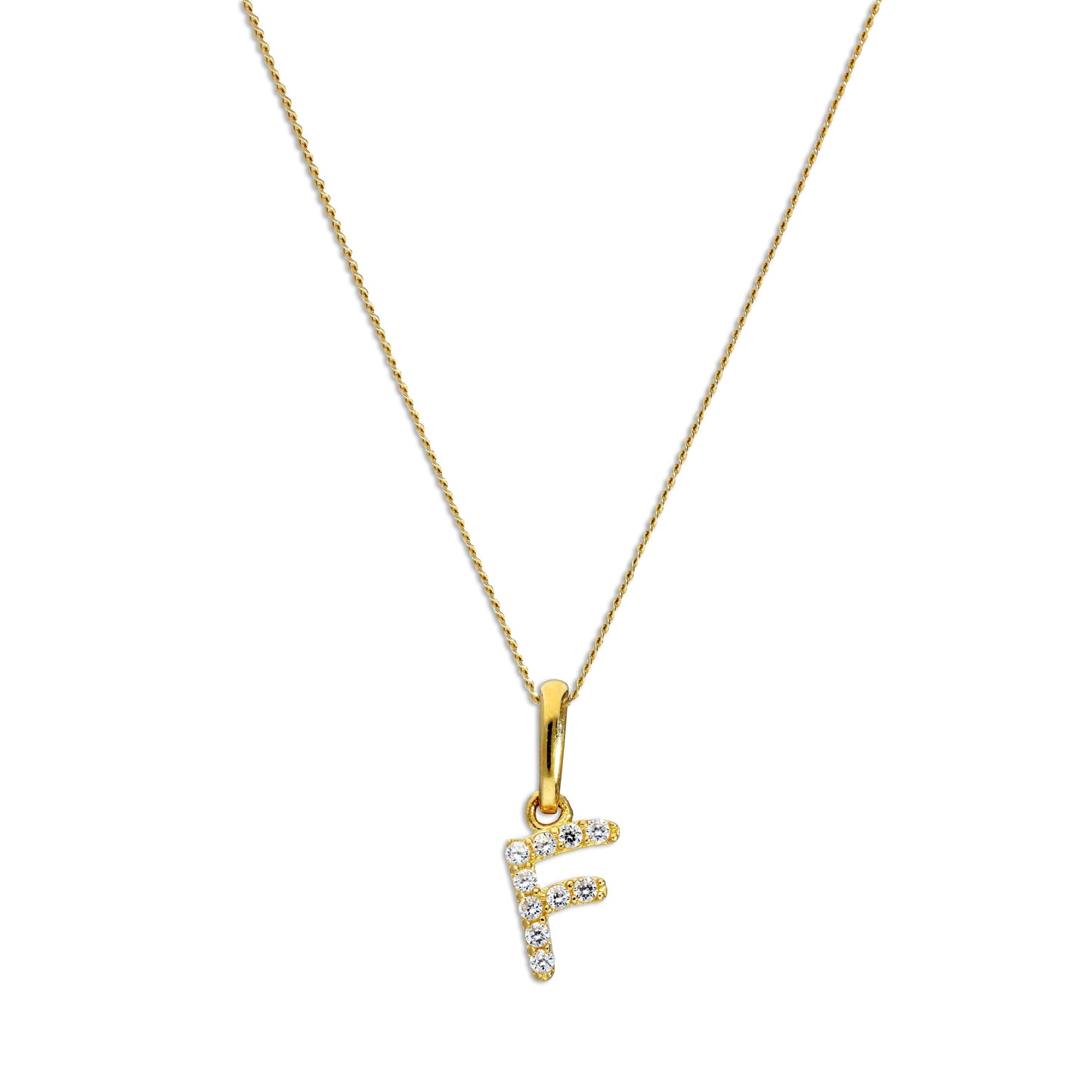 9ct Gold & Clear CZ Crystal Hanging Script Alphabet Letter F Pendant on 16 - 20 Inches Chain