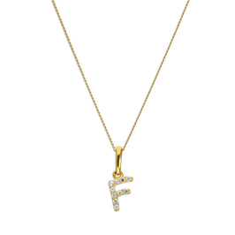 9ct Gold & Clear CZ Crystal Hanging Script Alphabet Letter F Pendant on 16 - 20 Inches Chain