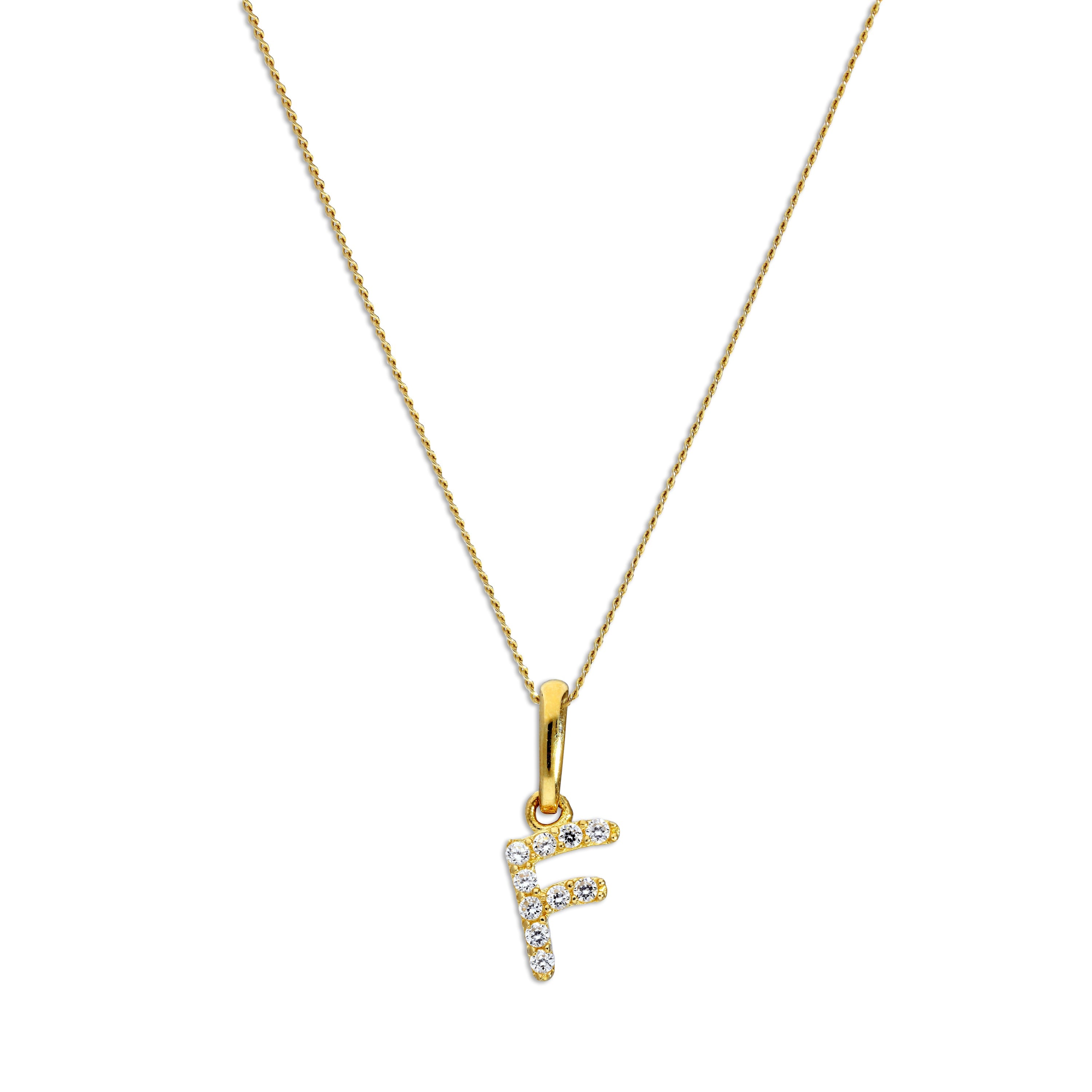 9ct Gold & Clear CZ Crystal Hanging Script Alphabet Letter F Pendant on 16 - 20 Inches Chain