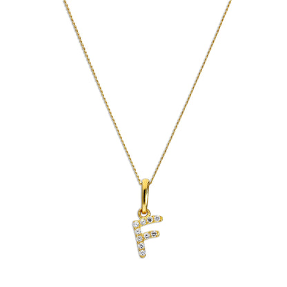 9ct Gold & Clear CZ Crystal Hanging Script Alphabet Letter F Pendant on 16 - 20 Inches Chain