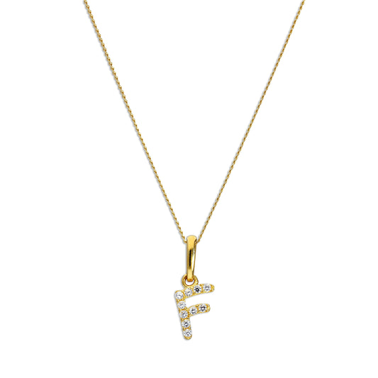 9ct Gold & Clear CZ Crystal Hanging Script Alphabet Letter F Pendant on 16 - 20 Inches Chain