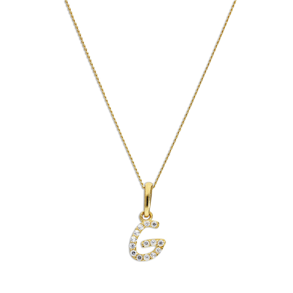 9ct Gold & Clear CZ Crystal Hanging Script Alphabet Letter G Pendant on 16 - 20 Inches Chain