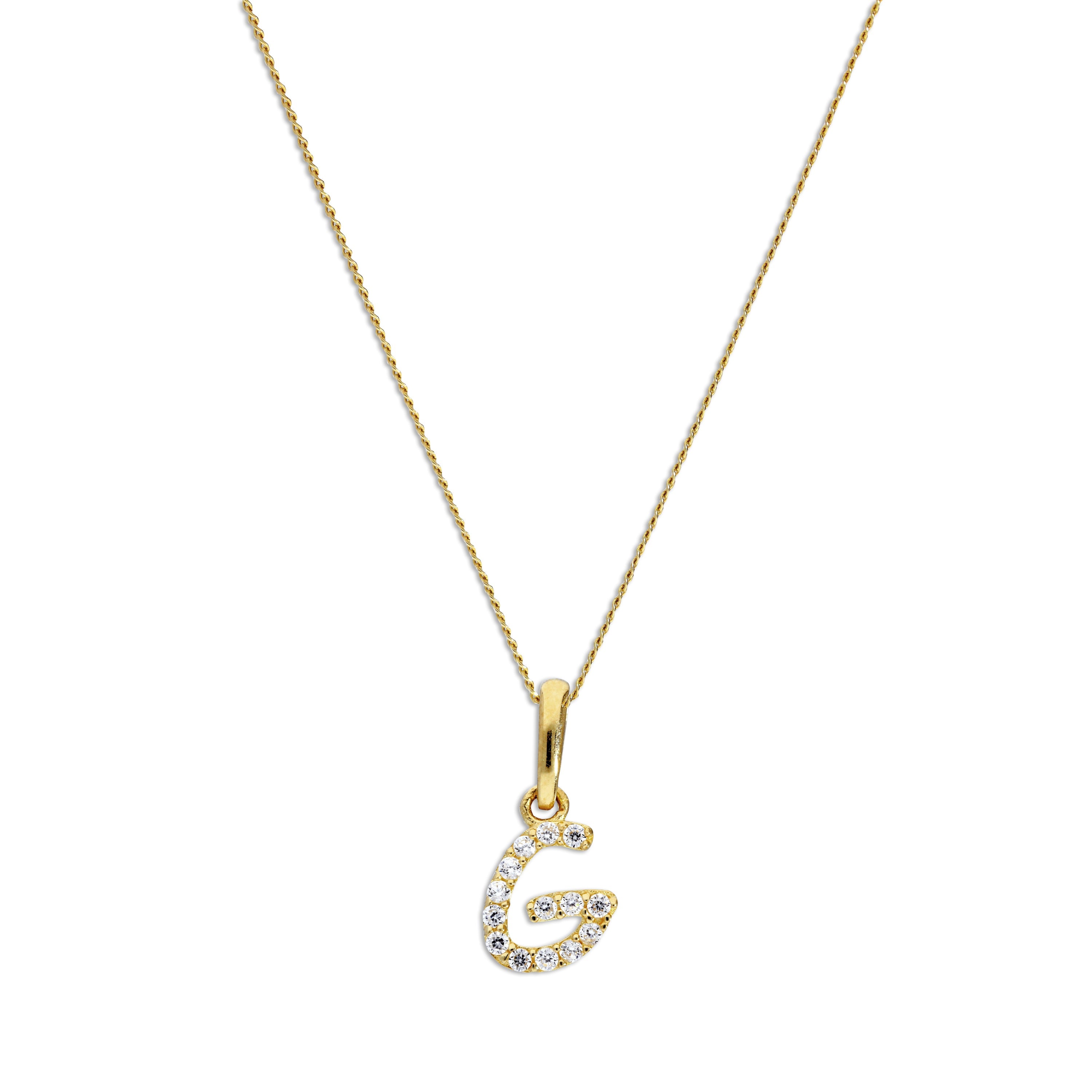 9ct Gold & Clear CZ Crystal Hanging Script Alphabet Letter G Pendant on 16 - 20 Inches Chain