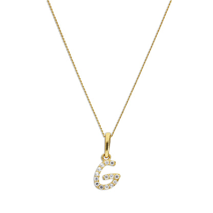9ct Gold & Clear CZ Crystal Hanging Script Alphabet Letter G Pendant on 16 - 20 Inches Chain