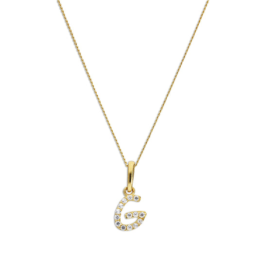 9ct Gold & Clear CZ Crystal Hanging Script Alphabet Letter G Pendant on 16 - 20 Inches Chain