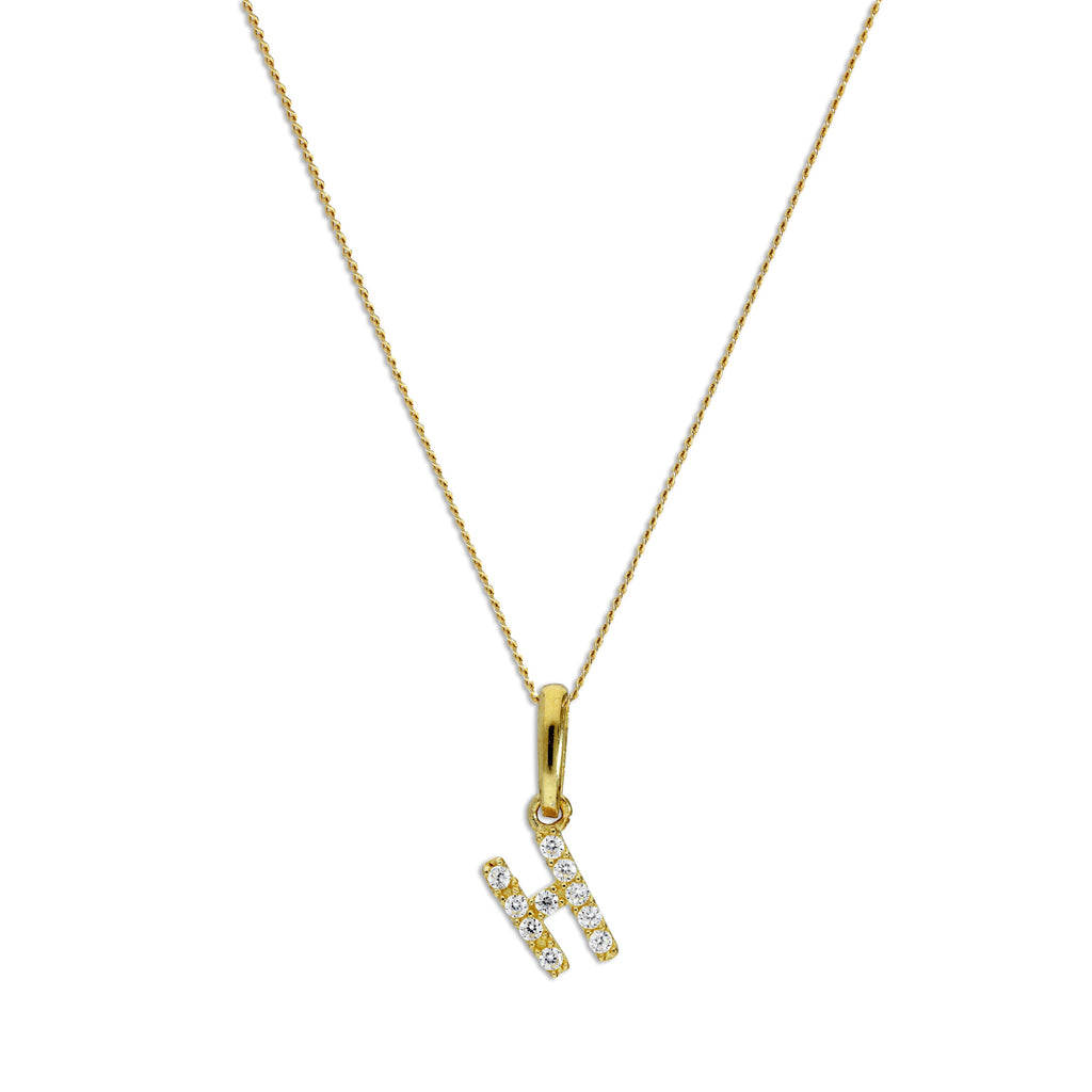 9ct Gold & Clear CZ Crystal Hanging Script Alphabet Letter H Pendant on 16 - 20 Inches Chain