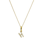 9ct Gold & Clear CZ Crystal Hanging Script Alphabet Letter H Pendant on 16 - 20 Inches Chain