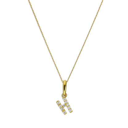 9ct Gold & Clear CZ Crystal Hanging Script Alphabet Letter H Pendant on 16 - 20 Inches Chain