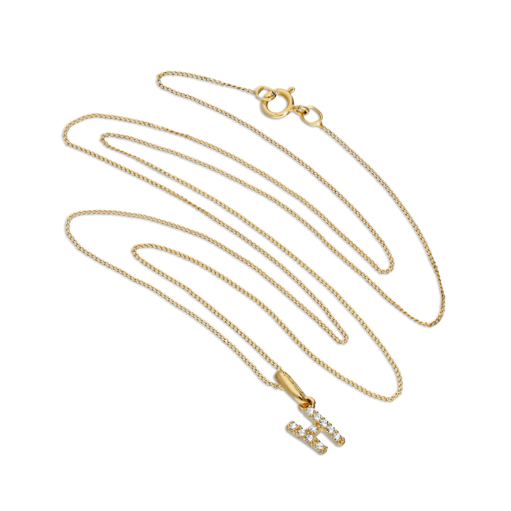 9ct Gold & Clear CZ Crystal Hanging Script Alphabet Letter H Pendant on 16 - 20 Inches Chain