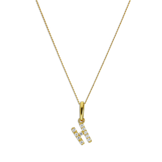 9ct Gold & Clear CZ Crystal Hanging Script Alphabet Letter H Pendant on 16 - 20 Inches Chain
