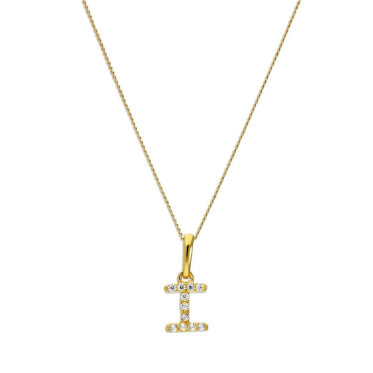 9ct Gold & Clear CZ Crystal Hanging Script Alphabet Letter I Pendant on 16 - 20 Inches Chain