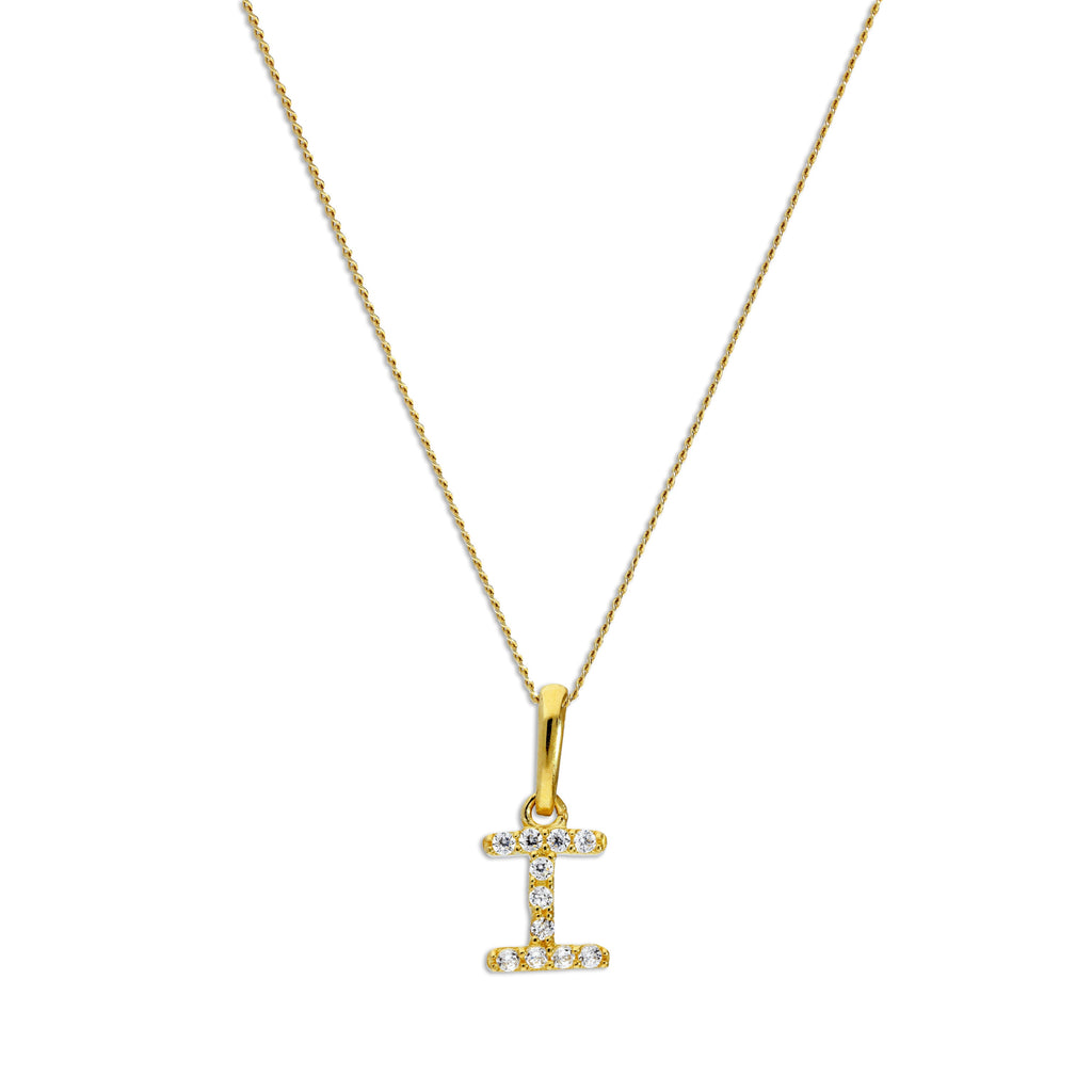 9ct Gold & Clear CZ Crystal Hanging Script Alphabet Letter I Pendant on 16 - 20 Inches Chain
