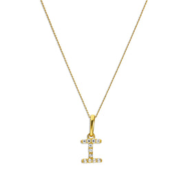 9ct Gold & Clear CZ Crystal Hanging Script Alphabet Letter I Pendant on 16 - 20 Inches Chain