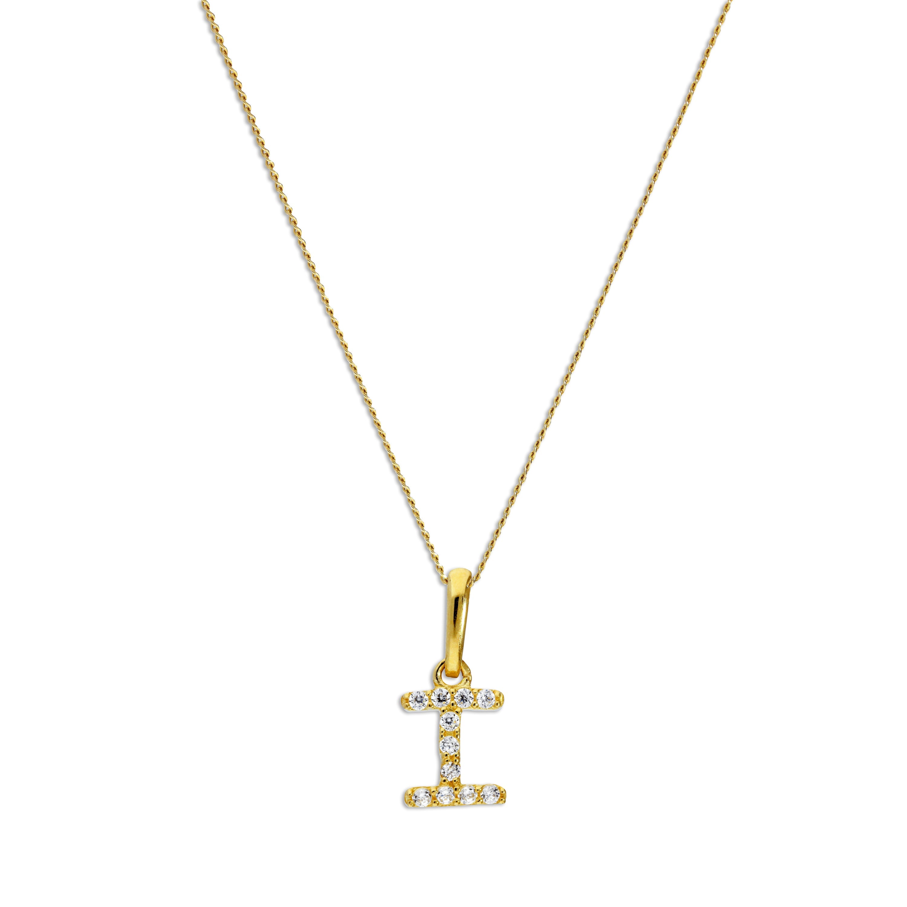 9ct Gold & Clear CZ Crystal Hanging Script Alphabet Letter I Pendant on 16 - 20 Inches Chain