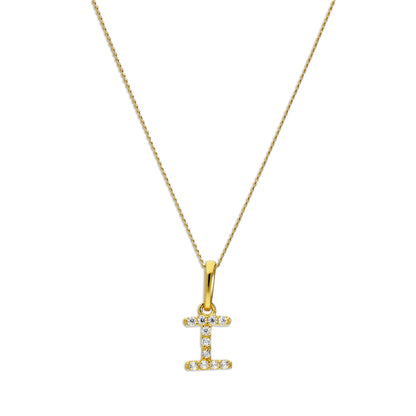 9ct Gold & Clear CZ Crystal Hanging Script Alphabet Letter I Pendant on 16 - 20 Inches Chain